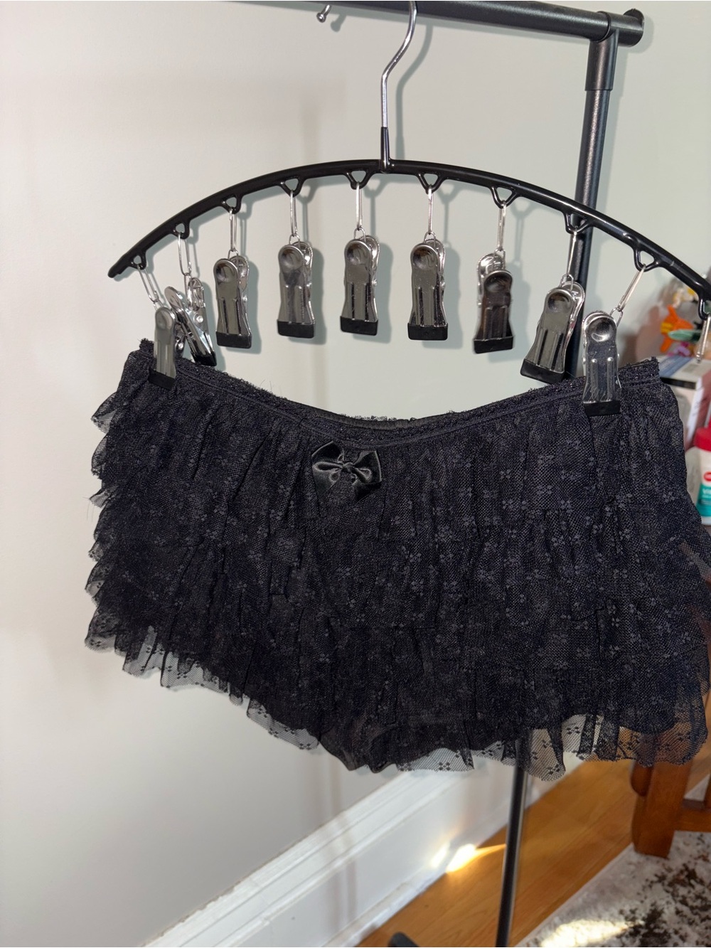 SHEIN Black Tiered Lace Mini Bloomer shorts with Bow Accent